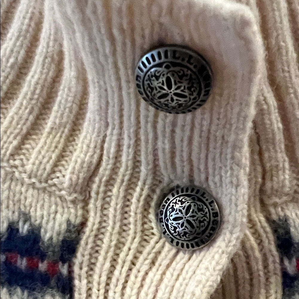 Women’s Cream Blue Red Maine L.L. Bean Lambswool Apres Ski Cardigan Sweater XS - Picture 5 of 6
